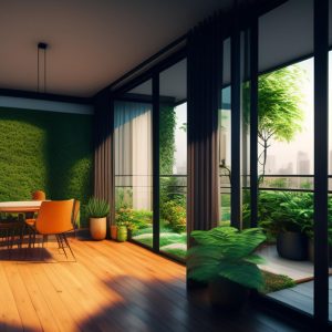 living-room-with-green-wall-table-with-orange-chairs-plants